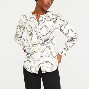 Ann Taylor Tassel Print Shirred Neck Blouse